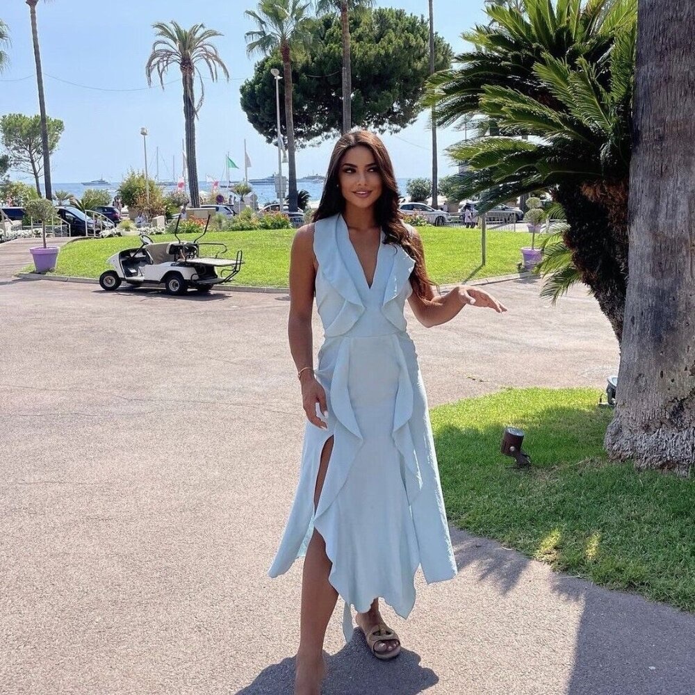 ZARA WOMANS SS22 PASTEL BLUE SLIT RUFFLED MIDI DRESS SZ M
